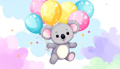 A cute koala floats amidst pastel clouds, holding colorful balloons