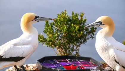 Two elegant gannets stand alert, observing a colorful display, showcasing their attentive postures against a backdrop of a tranquil coastal scene.