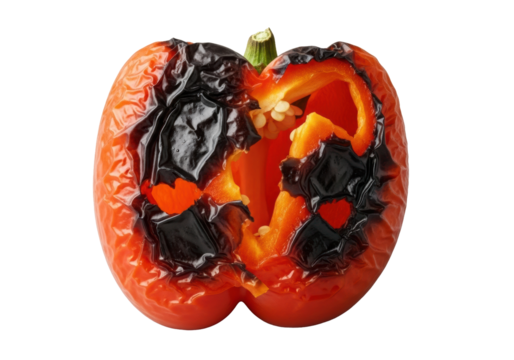 Hyper-realistic roasted red bell pepper skin, charred, blistered, peeling, vibrant, on a seamless transparent background with even studio lighting. Concept of culinary transformation