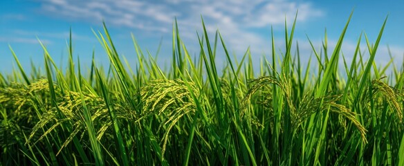 Fototapeta premium The Rice Plants Close-Up in a Lush Green Field Under Blue Sky