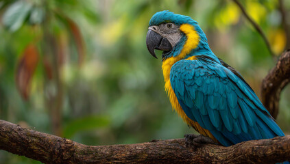Obraz premium Vibrant blue and yellow macaw parrot perched on a tree branch in a lush forest