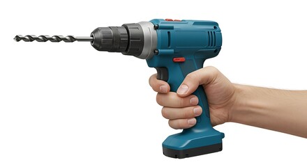 Hand holding a cordless drill, ready to work on a project, shot against white
