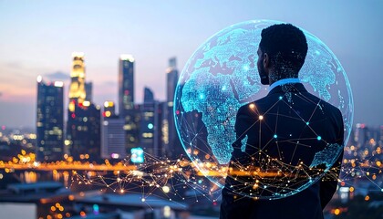 A businessman contemplates the interconnected world, gazing at a digital representation of Earth amidst a vibrant city skyline at twilight.