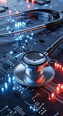 Stethoscope on circuit board, digital healthcare and modern medical technology