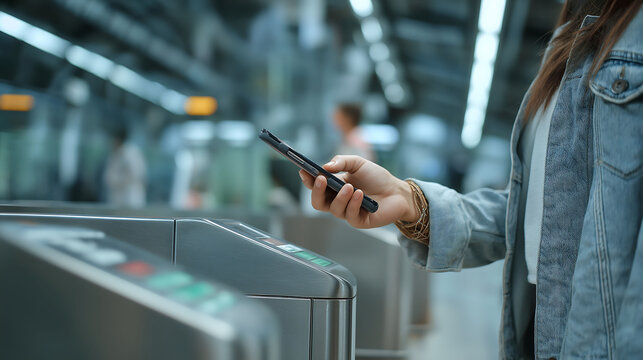 Close up hand of a person using contactless payment for subway ticket via smartphone at the gate in train station. Contactless technology and commuter people concept
