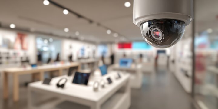 The surveillance camera overlooking a modern retail electronics store interior with blurred displays
