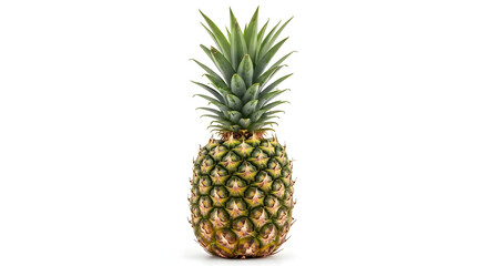 Obraz premium A fresh, ripe whole pineapple with a green leafy crown standing upright on a clean white background.