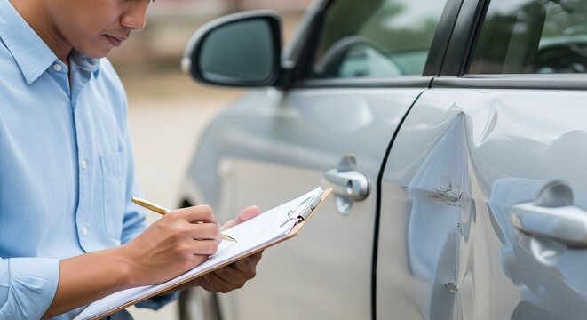 Car insurance agent inspecting a vehicle after a minor accident