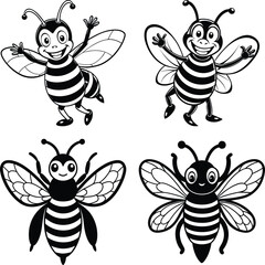 Honey bee in black and white side view , Digital illustration of yellow and black striped bees

