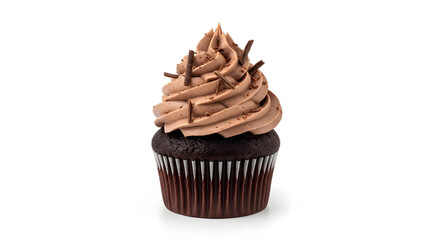 A single chocolate cupcake with chocolate frosting and sprinkles.