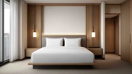 A modern bedroom featuring a large bed, wooden accents, soft lighting, and minimalistic decor, creating a serene and inviting atmosphere.