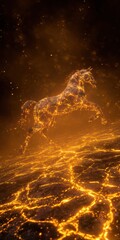 Majestic fiery horse leaping over lava in a dramatic vertical scene