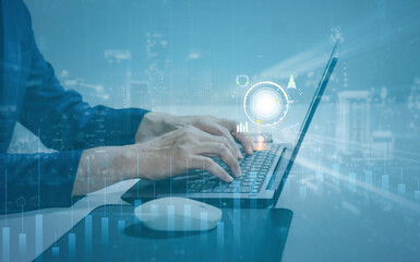 Businessman hand working with modern computer ,Global internet connection concept. Internet usage worldwide in business and technology with internet icons linked.