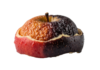 Wet, shriveled organic apple peel with deep wrinkles, glossy sheen, and decaying, discolored texture on a clean transparent studio background, macro lens effect, precise study of organic decay