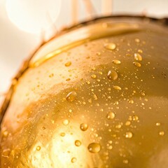 Close-Up Action of Glistening Beverage with Droplets in Bright Light Setting