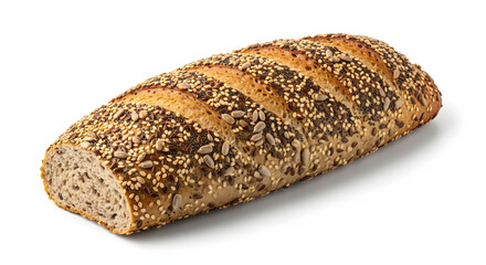 A rustic loaf of multigrain bread generously topped with various seeds, presented on a white background.