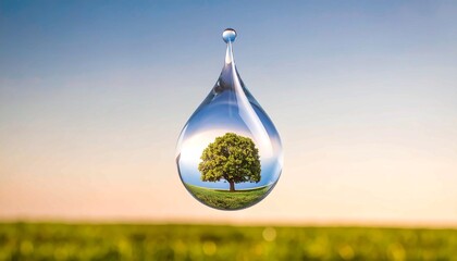 An eco-friendly image of a single water droplet with a reflection of a lush green tree inside, representing conservation, clean water, and environmental protection for global themes