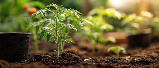 The tomato seedling growing in rich soil inside a sunlit greenhouse nursery tray