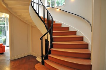 Elegant wooden staircase with black metal railings and curved design in modern home interior with white walls