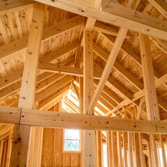 Interior wooden roof frame of a house under construction
