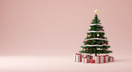 Elegant Christmas Tree Adorned with Gifts on Soft Pink Background, Perfect for Holiday Season.