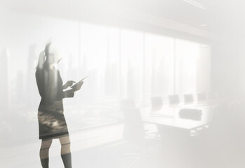 Diverse office team on abstract city financial background. Business growth, success and global economy concept for presentation.