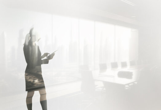 Diverse office team on abstract city financial background. Business growth, success and global economy concept for presentation.