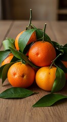 Fresh mandarins on wooden table
