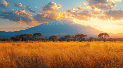 Obraz premium A vast expanse of golden grass stretched out beneath a sky ablaze with the colors of the African sunrise. Towering acacia trees dotted the landscape, their branches reaching towards the cerulean 