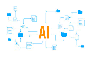 Blue documents and folders connected through network lines around AI text, digital management concept, isolated on white background, 3D Rendering
