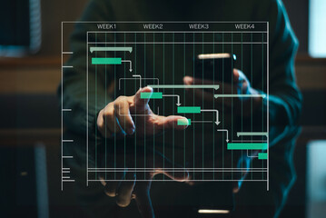 Hands typing on laptop with a digital Gantt chart overlay. Ideal for project planning, scheduling, productivity, workflow in office