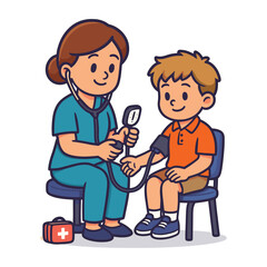A friendly nurse checks a young boy's blood pressure cute vector cartoon
