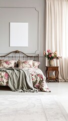 Cozy Floral Bedroom Setting, Elegant Decor, Bright Natural Light, Photography, Modern Design, Warm Atmosphere