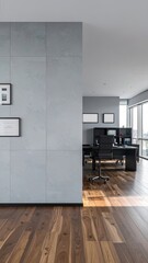 Modern Office Design, Interior Space, Urban High-Rise, Photography, Bright Environment, Wide Angle, Minimalist Aesthetic