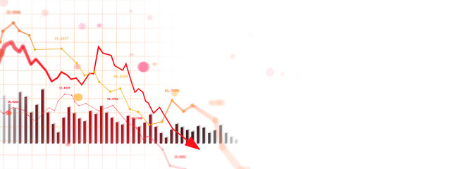 Business chart with red downward arrow showing stock crash and financial loss in economy, clean 3D Rendering on white background layout