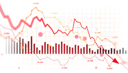 Obraz na płótnie Canvas Red downward arrow with bar and line graphs indicating stock crash, recession and economic collapse, on clean white background. 3D Rendering