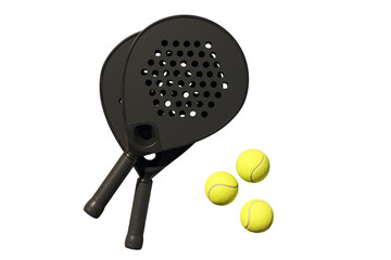 Two black padel rackets with three yellow balls displayed in closeup on a white background, clean layout concept for modern sports branding. 3D Rendering