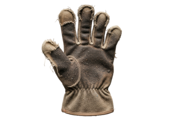 Heavy-duty canvas work glove, worn, deeply stained, frayed, on clean transparent background from high angle. Ultra realistic UHD studio photo. Concept of hard work and utility