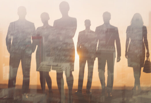 Diverse office team on abstract city financial background. Business growth, success and global economy concept for presentation. - Powered by Adobe