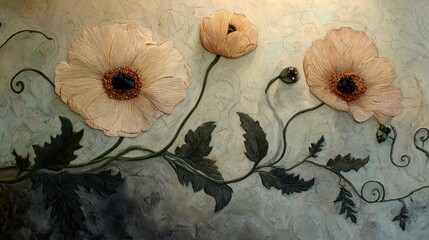 Delicate, sculpted poppies adorn a textured backdrop.