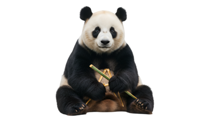 Panda bear eating bamboo animal wildlife nature conservation endangered species cute fluffy adorable zoo 100 chars isolated on transparent white background