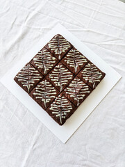 Homemade chocolate brownie photography . Top view on rustic background
