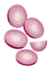 A close up of several slices of red onion floating against a white background in a studio shot, PNG format.