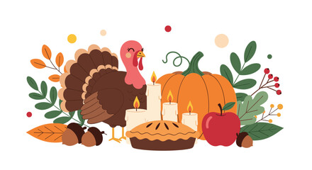 A festive thanksgiving scene featuring a happy turkey pumpkin pie autumn leaves and candles for a joyful celebration