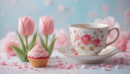 "Floral Teacup with Cupcake and Tulips on Romantic Table Setting"