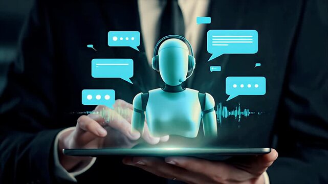 AI Chatbot Interacting with User on Tablet Futuristic Virtual Assistant Provides Digital Customer Service Modern Artificial Intelligence Technology for Online 