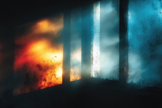 Dark room, vibrant light through barred window