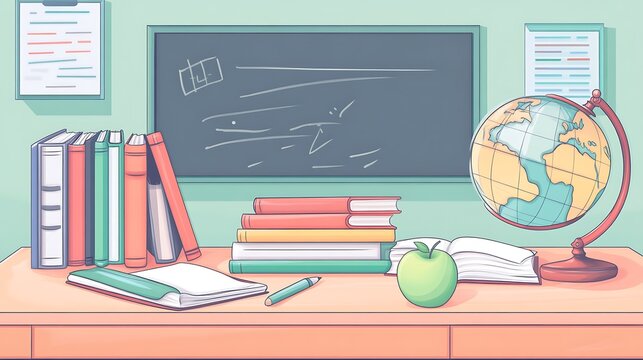 Classroom desk with books, globe, and apple
