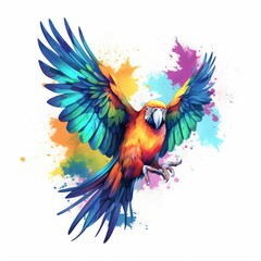 Fototapeta premium Vibrant watercolor painting of a macaw with outstretched wings in dynamic flight, surrounded by colorful paint splatters, on a white background.