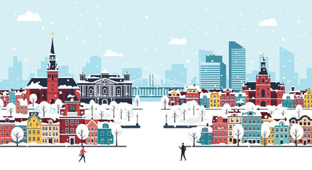 A charming winter scene of a historic european cityscape with snow falling and people enjoying the season outdoors